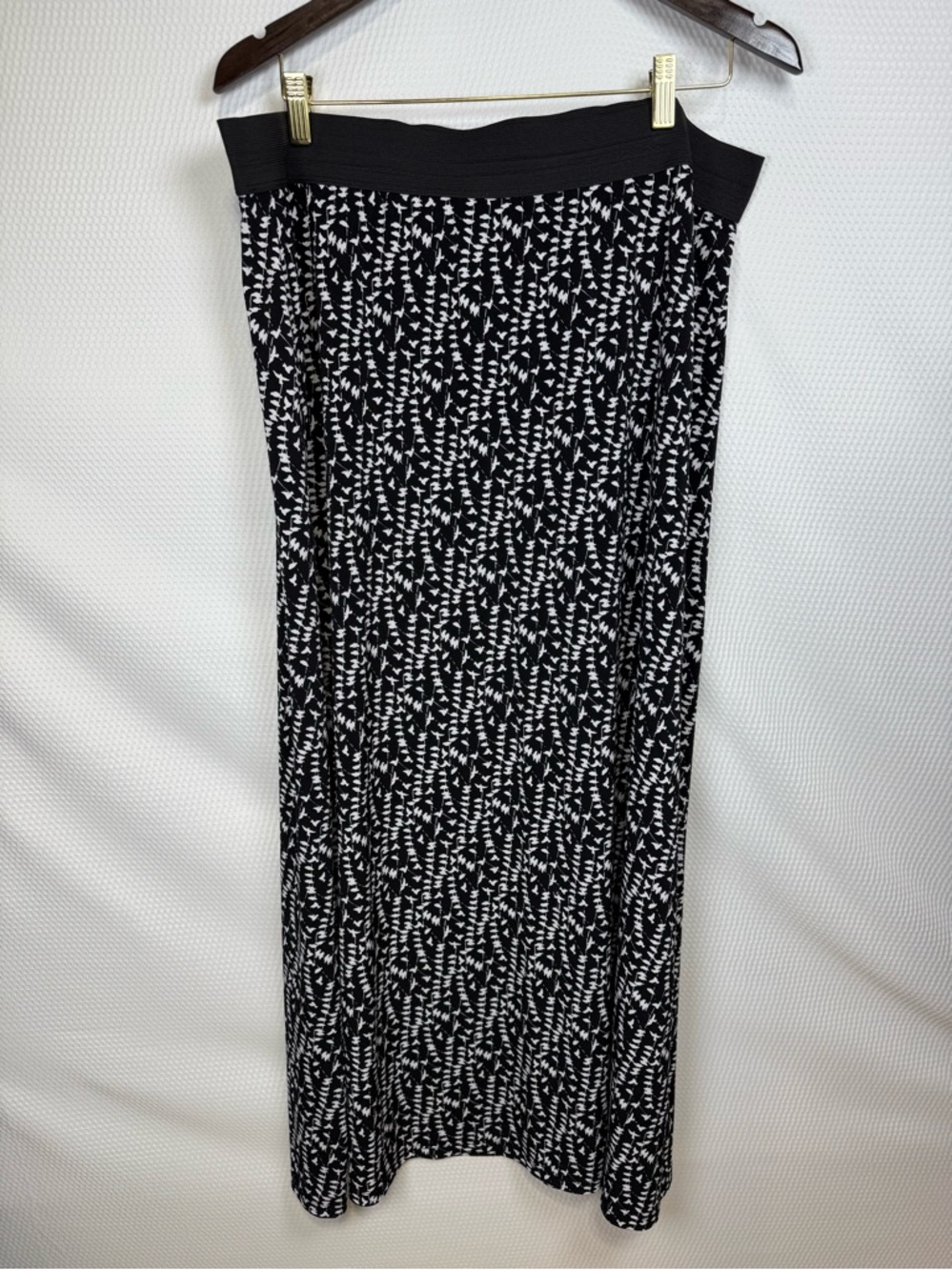 Alfani Black & White Bird Print Maxi Skirt XL Elastic Waist Flowy Stretch